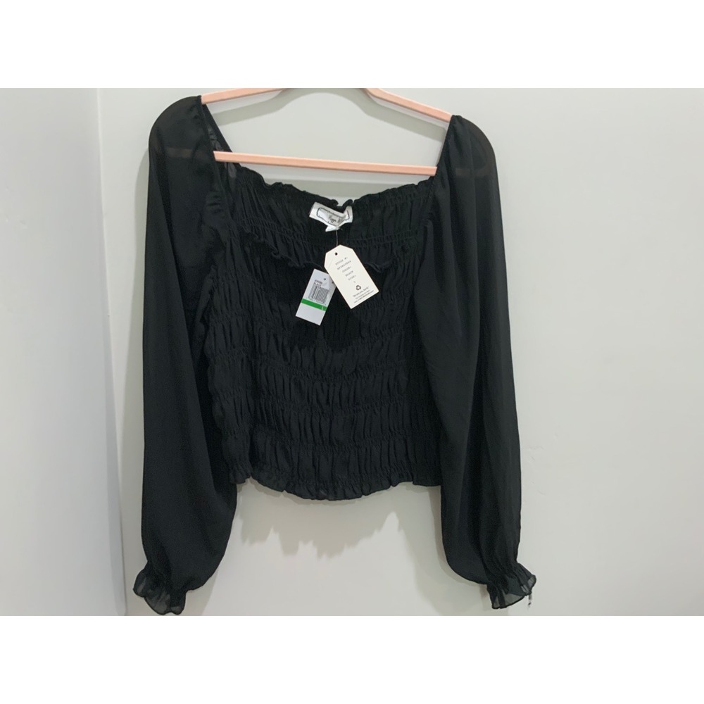 Hippie Rose Black Smocked Crop Top Long Sleeve Square Neck Blouse HF2W20864 New